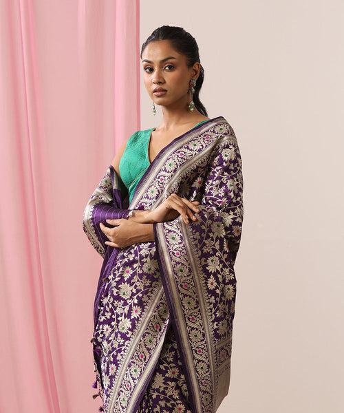 Handloom Purple Pure Katan Silk Banarasi Saree With Pink And Green Meenakari