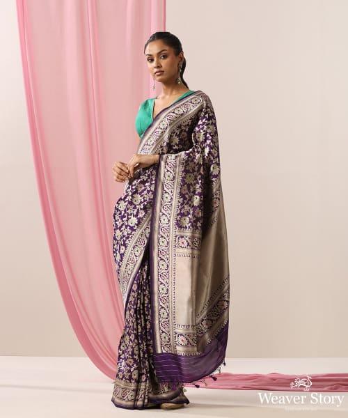 Handloom Purple Pure Katan Silk Banarasi Saree With Pink And Green Meenakari