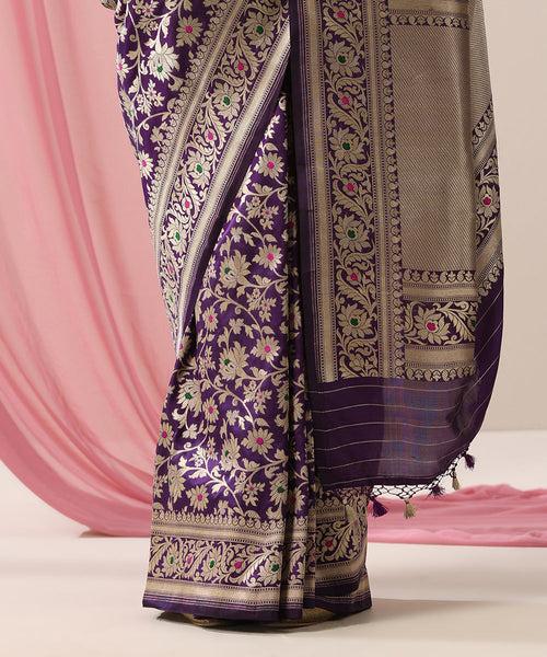 Handloom Purple Pure Katan Silk Banarasi Saree With Pink And Green Meenakari