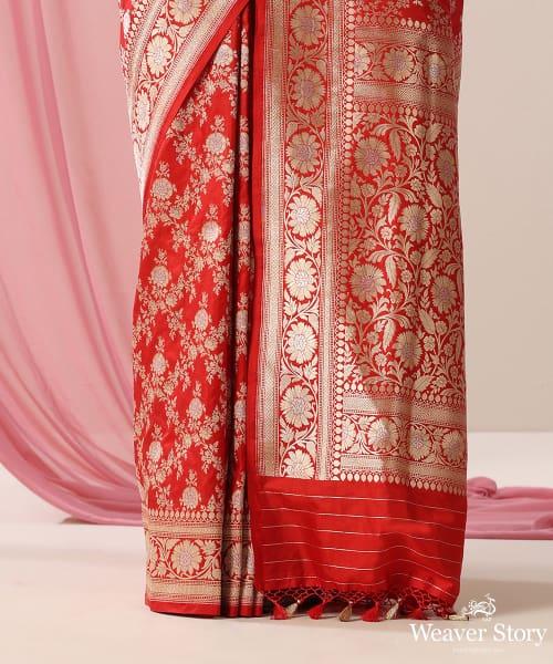 Handloom Red Pure Katan Silk Banarasi Saree With Gold And Silver Zari Floral Jaal