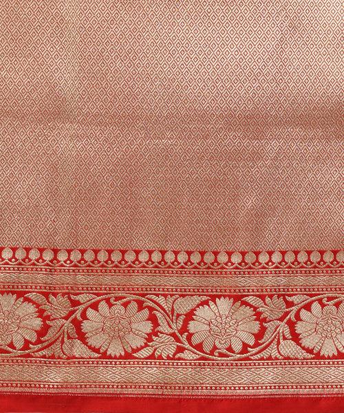 Handloom Red Pure Katan Silk Banarasi Saree With Gold And Silver Zari Floral Jaal