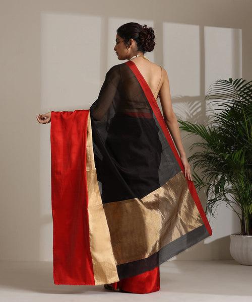 Black Handloom Plain Pure Chanderi Silk Saree With Red Border