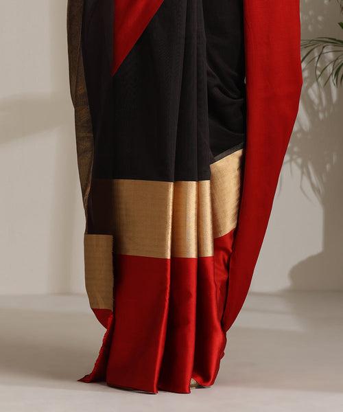 Black Handloom Plain Pure Chanderi Silk Saree With Red Border