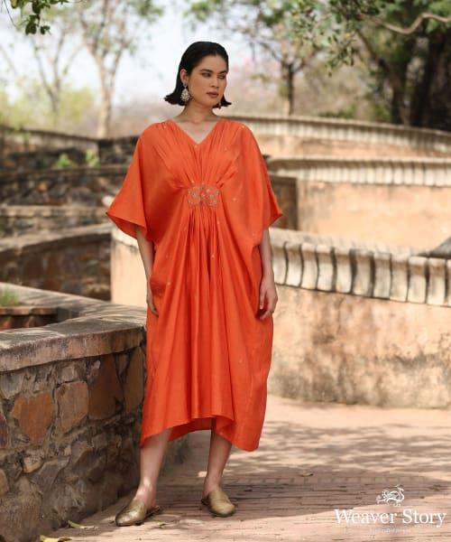 Handloom Orange Silk Kaftan with Delicate Zari Motifs