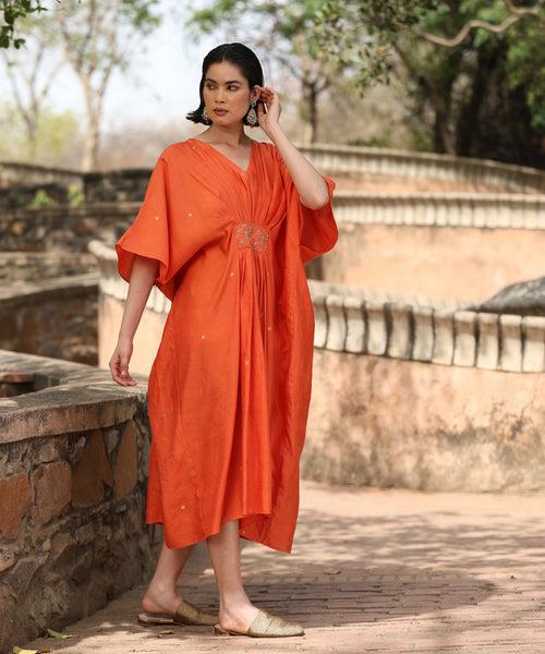 Handloom Orange Silk Kaftan with Delicate Zari Motifs