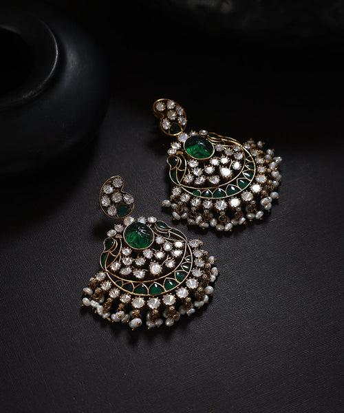 Viraja Handcrafted Pure Silver Kundan Earrings With Semi Precious Stones And Moissanite Polki