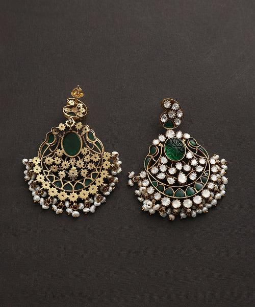 Viraja Handcrafted Pure Silver Kundan Earrings With Semi Precious Stones And Moissanite Polki