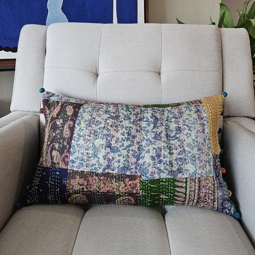 Bright Vintage Sari Kantha Patchwork Cushion Cover, 30 x 50 cm