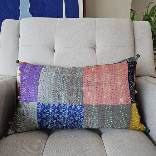 Bright Vintage Sari Kantha Patchwork Cushion Cover, 30 x 50 cm