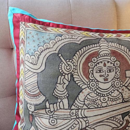 Hand Painted Kalamkari Cushion Cover - Goddess Saraswati