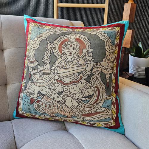 Hand Painted Kalamkari Cushion Cover - Goddess Saraswati