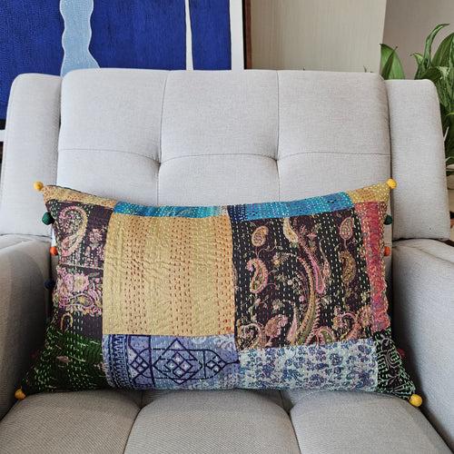 Bright Vintage Sari Kantha Patchwork Cushion Cover, 30 x 50 cm