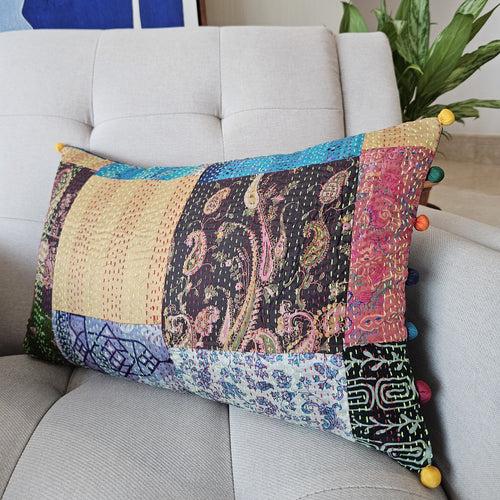 Bright Vintage Sari Kantha Patchwork Cushion Cover, 30 x 50 cm