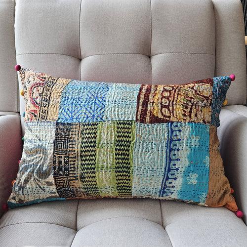 Bright Vintage Sari Kantha Patchwork Cushion Cover, 30 x 50 cm