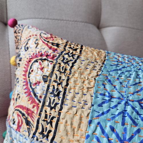 Bright Vintage Sari Kantha Patchwork Cushion Cover, 30 x 50 cm