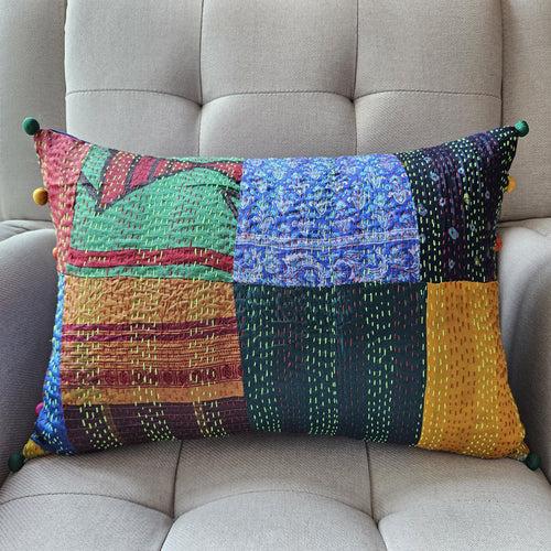 Bright Vintage Sari Kantha Patchwork Cushion Cover, 30 x 50 cm