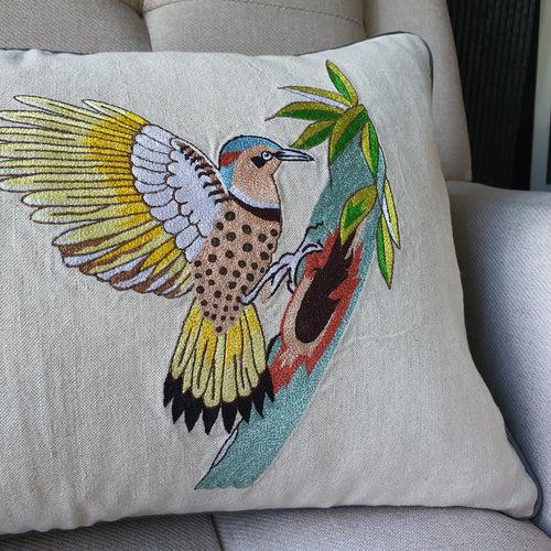 Embroidered Wood Pecker Cushion Cover