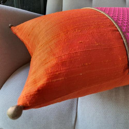 Patchwork Orange and Pink Brocade Lumbar Pillow Cover