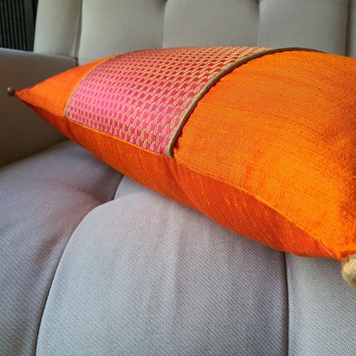 Patchwork Orange and Pink Brocade Lumbar Pillow Cover