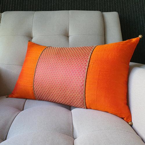 Patchwork Orange and Pink Brocade Lumbar Pillow Cover