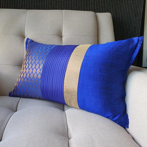 Patchwork Royal Blue Brocade Lumbar Pillow Cover