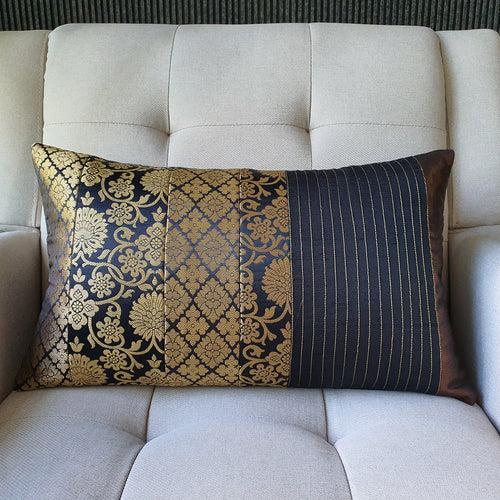 Black and Gold Silk  Brocade Lumbar Pillow Cover