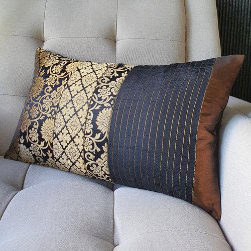 Black and Gold Silk  Brocade Lumbar Pillow Cover