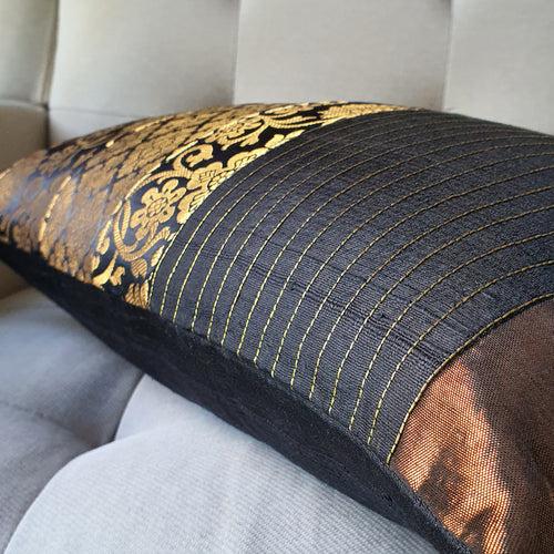 Black and Gold Silk  Brocade Lumbar Pillow Cover