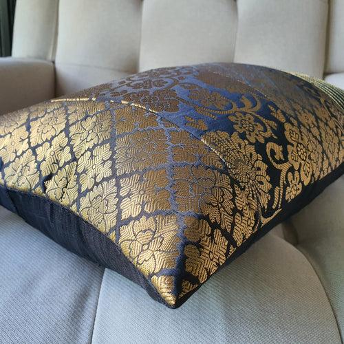Black and Gold Silk  Brocade Lumbar Pillow Cover