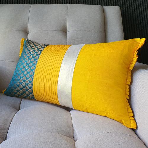 Yellow, Teal and Gold Silk  Brocade Lumbar Pillow Cover