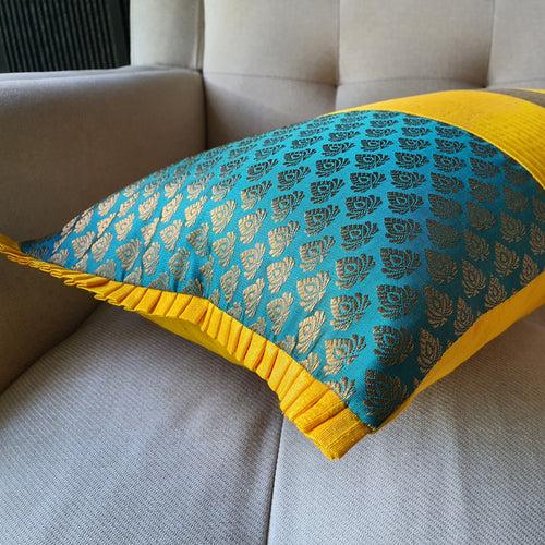 Yellow, Teal and Gold Silk  Brocade Lumbar Pillow Cover