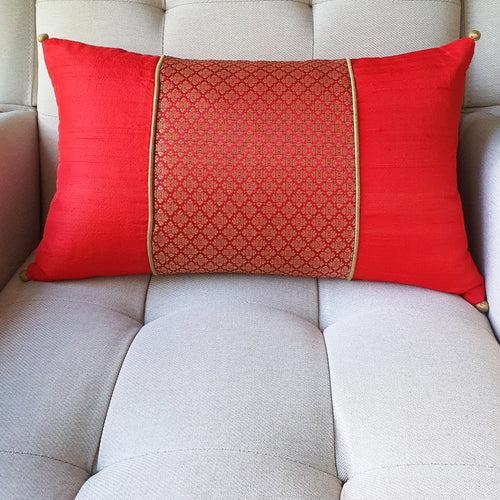 Red and Gold Silk  Brocade Lumbar Pillow Cover