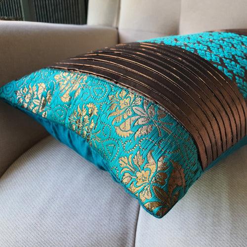 Quilted Patchwork Teal Brocade Lumbar Pillow Cover