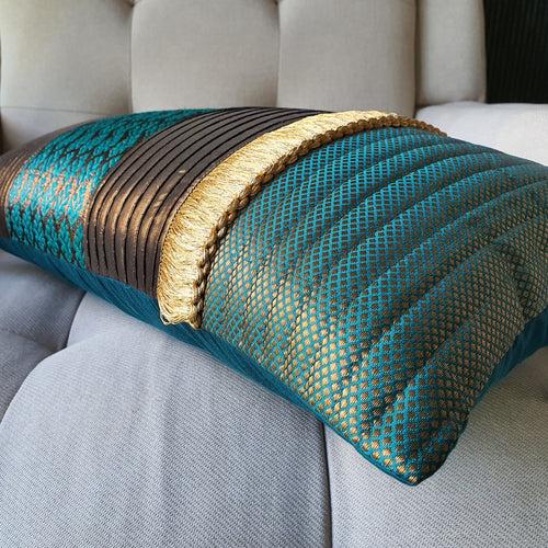 Quilted Patchwork Teal Brocade Lumbar Pillow Cover