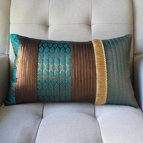 Quilted Patchwork Teal Brocade Lumbar Pillow Cover