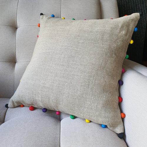 Natural Beige Linen Cushion Cover with Bright Fabric Pom Poms