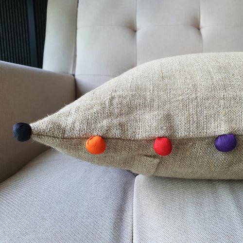 Natural Beige Linen Cushion Cover with Bright Fabric Pom Poms