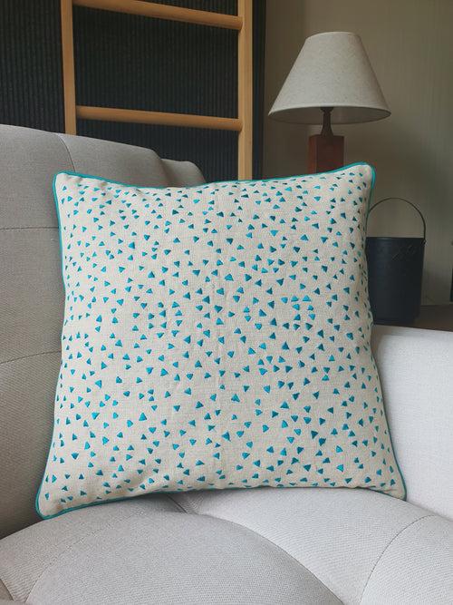 So Fun! Blue Triangle Confetti Embroidery on Linen Pillow Cover