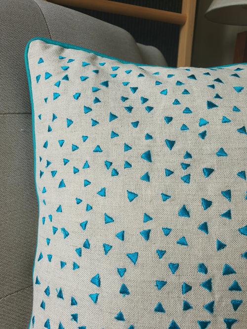 So Fun! Blue Triangle Confetti Embroidery on Linen Pillow Cover