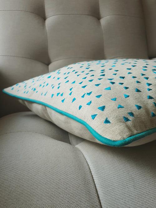 So Fun! Blue Triangle Confetti Embroidery on Linen Pillow Cover