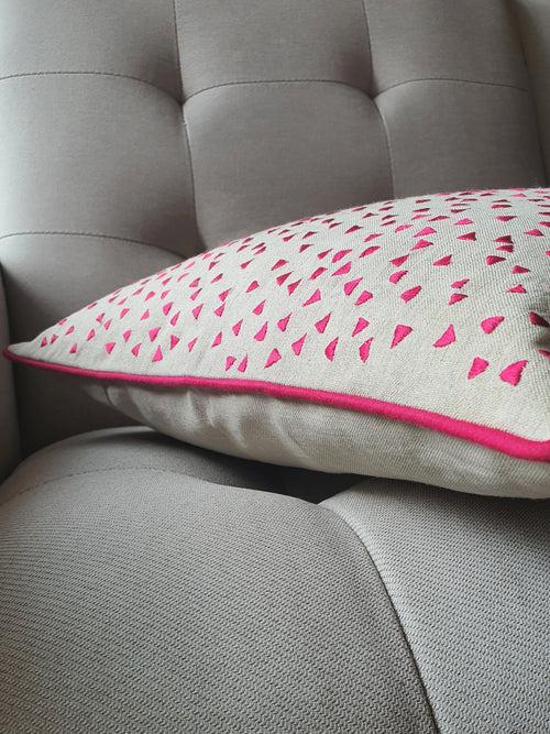 So Fun! Pink Triangle Confetti Embroidery on Linen Pillow Cover