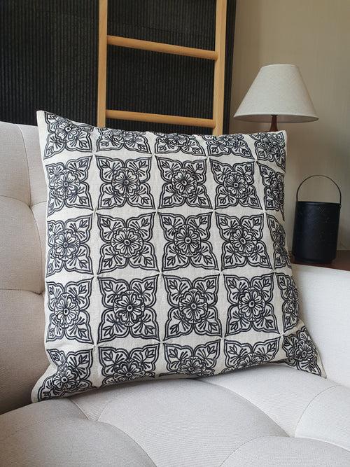 Henna Pattern Black and Beige Pillow Cover , Embroidered Black and Natural Cotton Linen Cushion , Black and Ecru Natural Cotton Linen Pillow