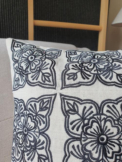 Henna Pattern Black and Beige Pillow Cover , Embroidered Black and Natural Cotton Linen Cushion , Black and Ecru Natural Cotton Linen Pillow