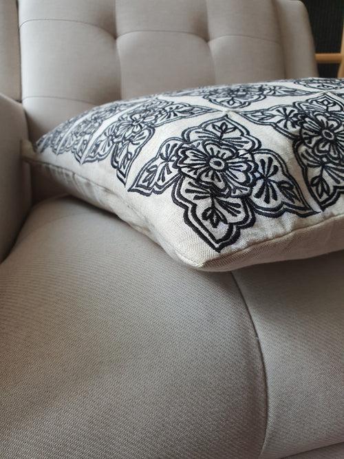 Henna Pattern Black and Beige Pillow Cover , Embroidered Black and Natural Cotton Linen Cushion , Black and Ecru Natural Cotton Linen Pillow