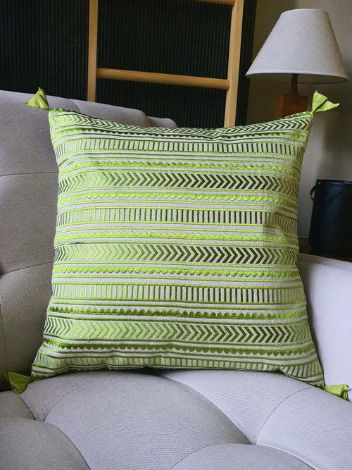 Beautiful Green Embroidery on Natural Cotton Linen Pillow Cover