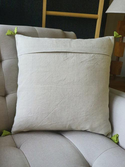 Beautiful Green Embroidery on Natural Cotton Linen Pillow Cover