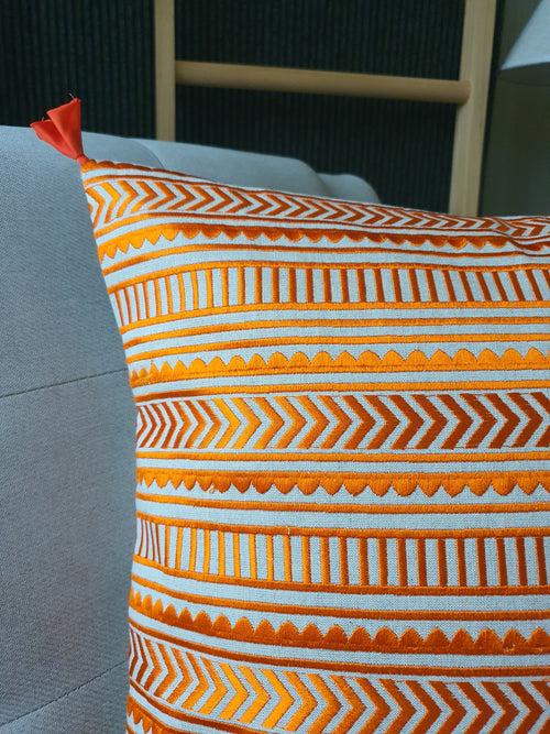 Beautiful Orange Geometric Embroidery on Cotton Linen Base