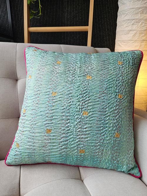 Set of 2, Turquoise Vintage Sari Kantha Patchwork Cushion Cover, 45 x 45 cm