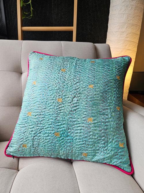 Set of 2, Turquoise Vintage Sari Kantha Patchwork Cushion Cover, 45 x 45 cm