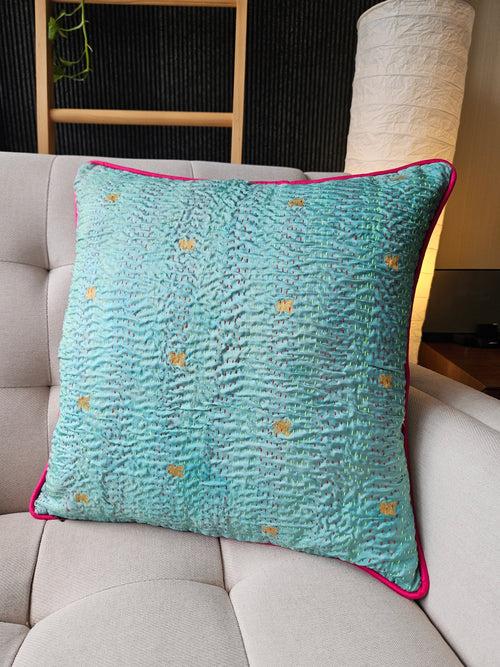 Set of 2, Turquoise Vintage Sari Kantha Patchwork Cushion Cover, 45 x 45 cm